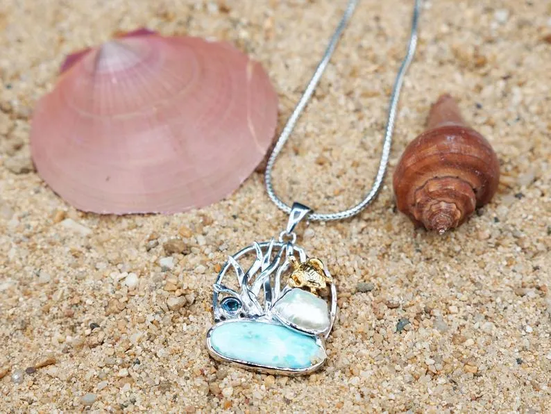 Baby Sea Turtle Beach Pendant with Larimar, Blue Topaz and Pearl - Only One Piece Created