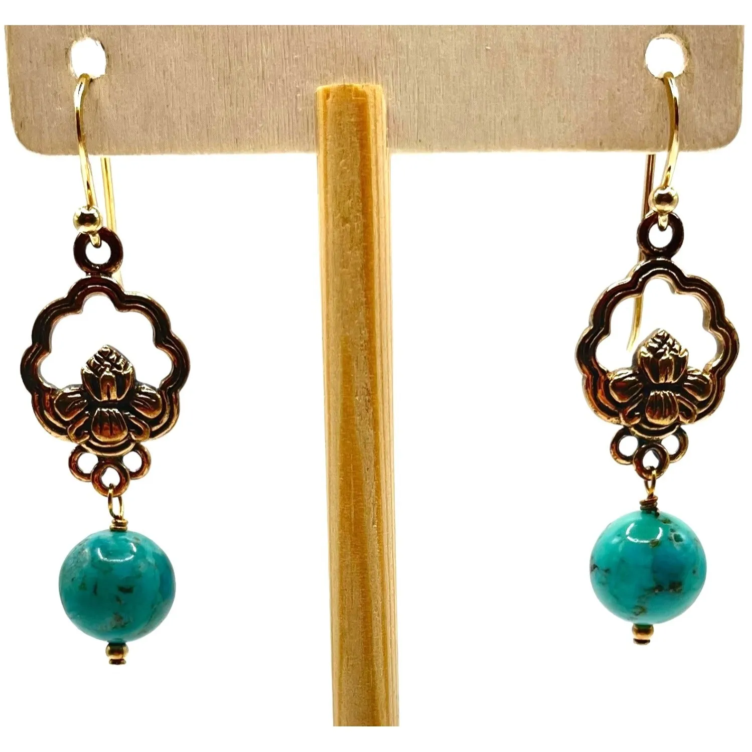 Barse Sterling Silver Gold Layered Dangle Drop Earrings Turquoise Bead Floral