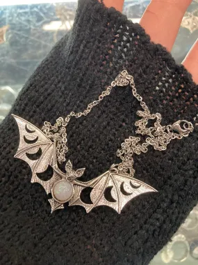 Bat Necklace w/ Moon Phase and Opal Gem