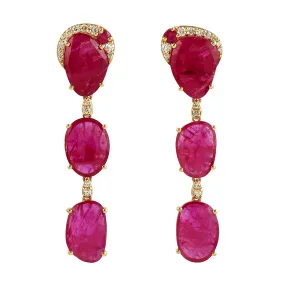 Beautiful Natural Ruby Diamond Long Drop Danglers in 18k Yellow Gold Party Wear Jewelry