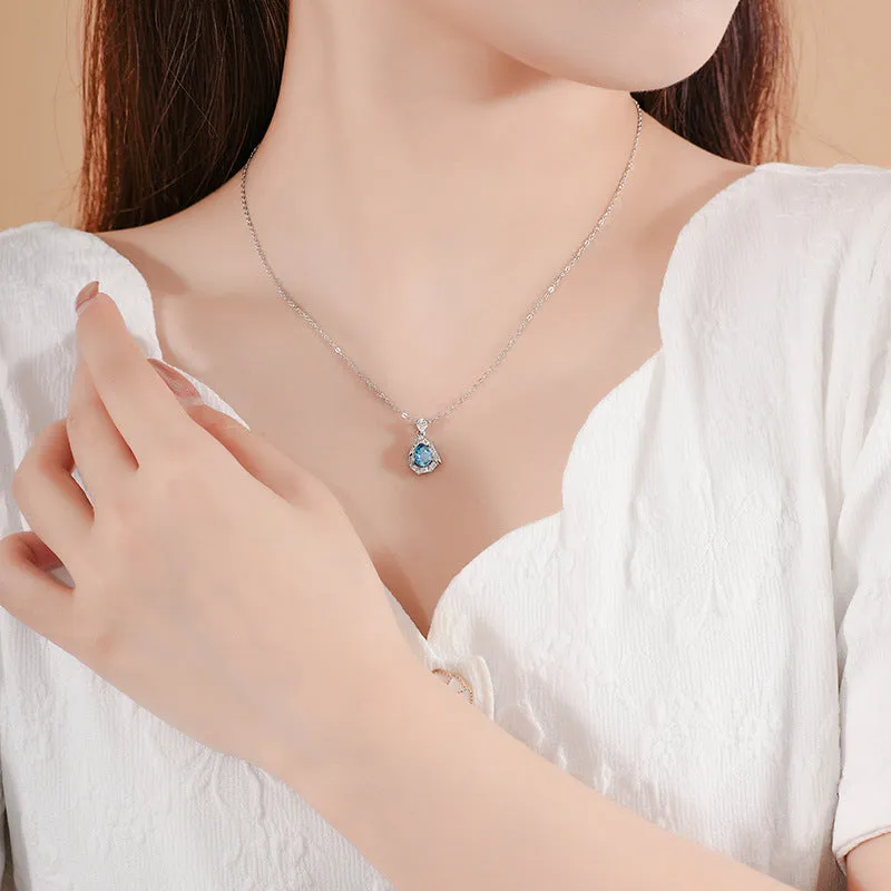 Blue drop-shaped topaz necklace women's s925 sterling silver elegant high-end clavicle chain jewelry