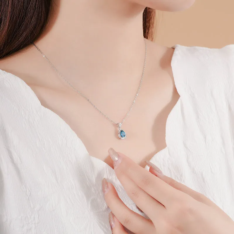 Blue drop-shaped topaz necklace women's s925 sterling silver elegant high-end clavicle chain jewelry