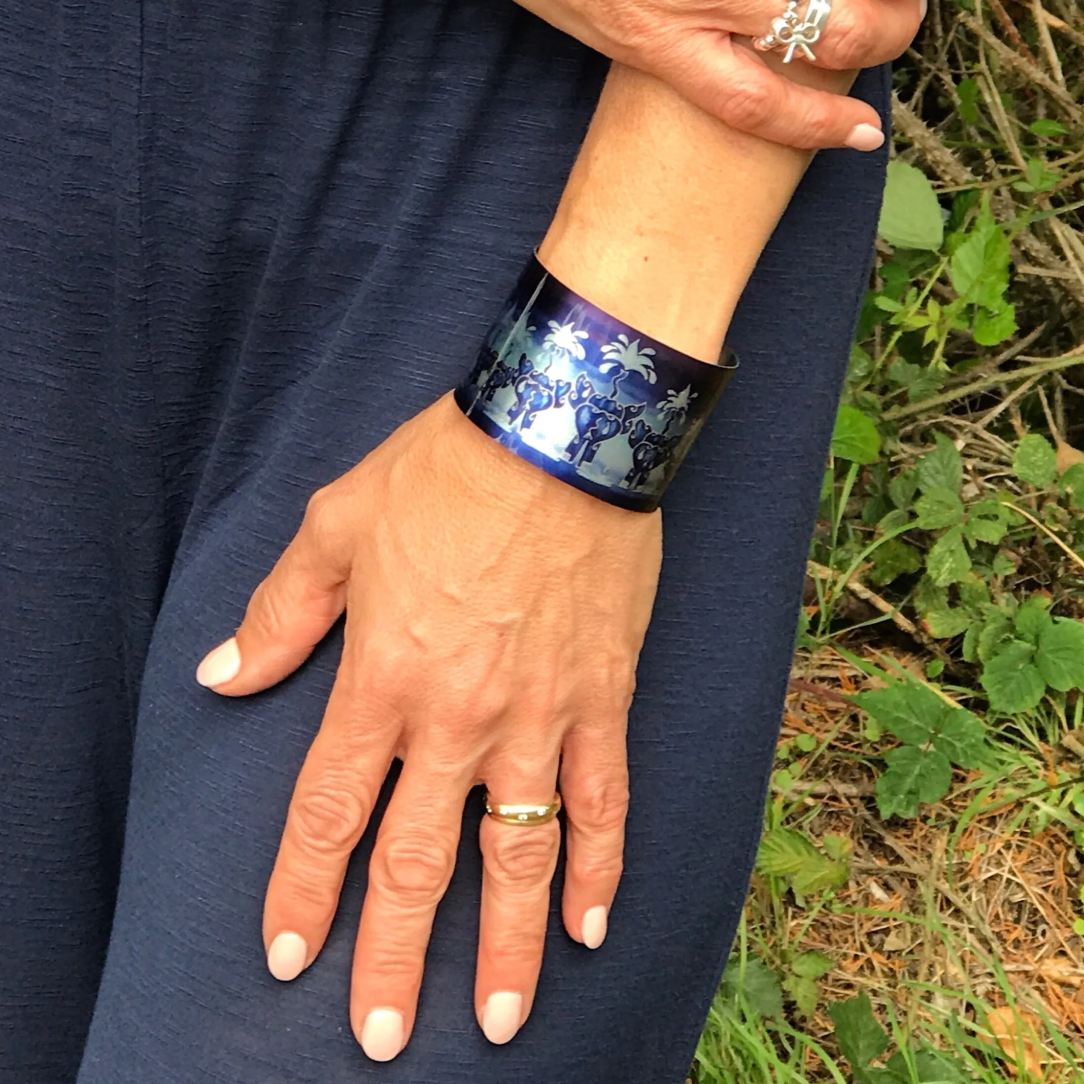 Blue Elephant Cuff Bracelet - Comtemporary Elephant Jewellery - easy wear light aluminium.