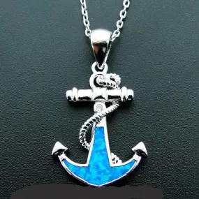 Blue Fire Opal Navy Anchor Pendant Nautical Necklace 18"