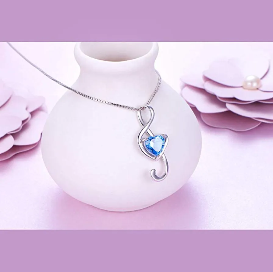 Blue Heart 925 Sterling Silver Treble Clef Note Necklace Simulated Diamond Music Charm Musician Jewelry Singer Gift 18in.