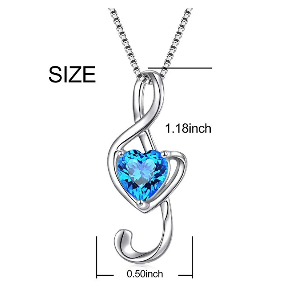 Blue Heart 925 Sterling Silver Treble Clef Note Necklace Simulated Diamond Music Charm Musician Jewelry Singer Gift 18in.