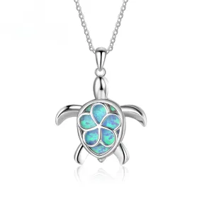 Blue Opal Cute Turtle Sterling Silver Necklace