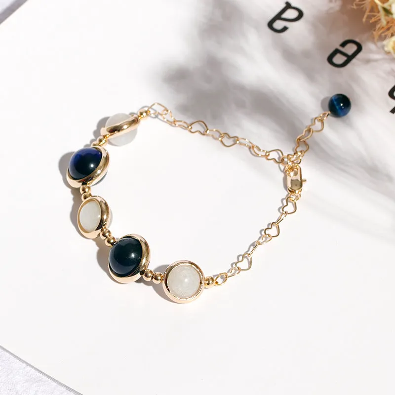 Blue Tiger Eye Crystal and Moonlight Stone Bracelet in Sterling Silver