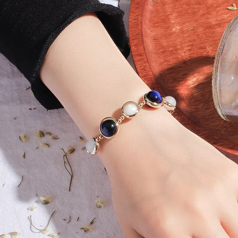 Blue Tiger Eye Crystal and Moonlight Stone Bracelet in Sterling Silver