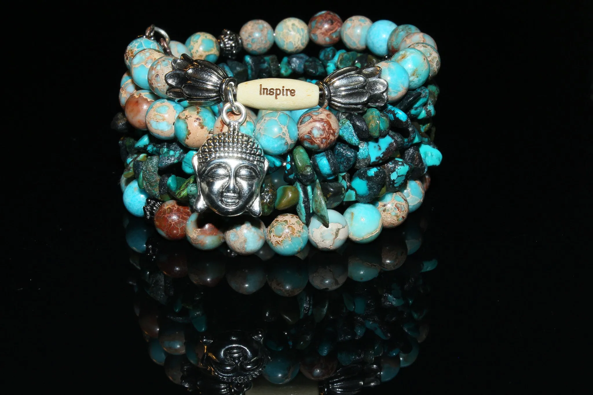 Blue Turquoise Magnesite, Imperial Jasper And Turquoise Gemstone, Buddha Charm Cuff Wrap Bracelet And Earrings Set