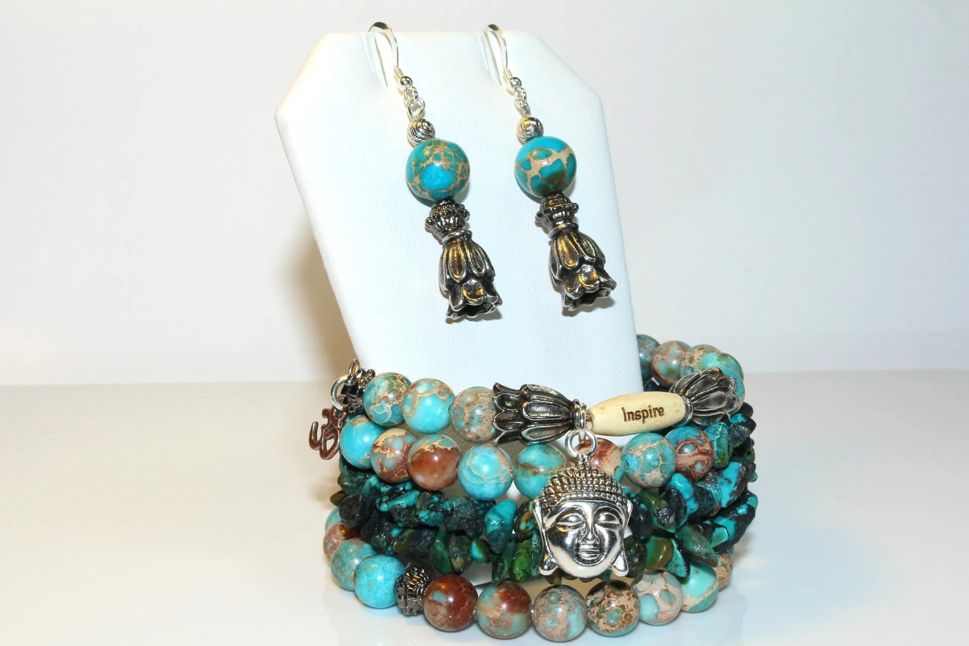 Blue Turquoise Magnesite, Imperial Jasper And Turquoise Gemstone, Buddha Charm Cuff Wrap Bracelet And Earrings Set