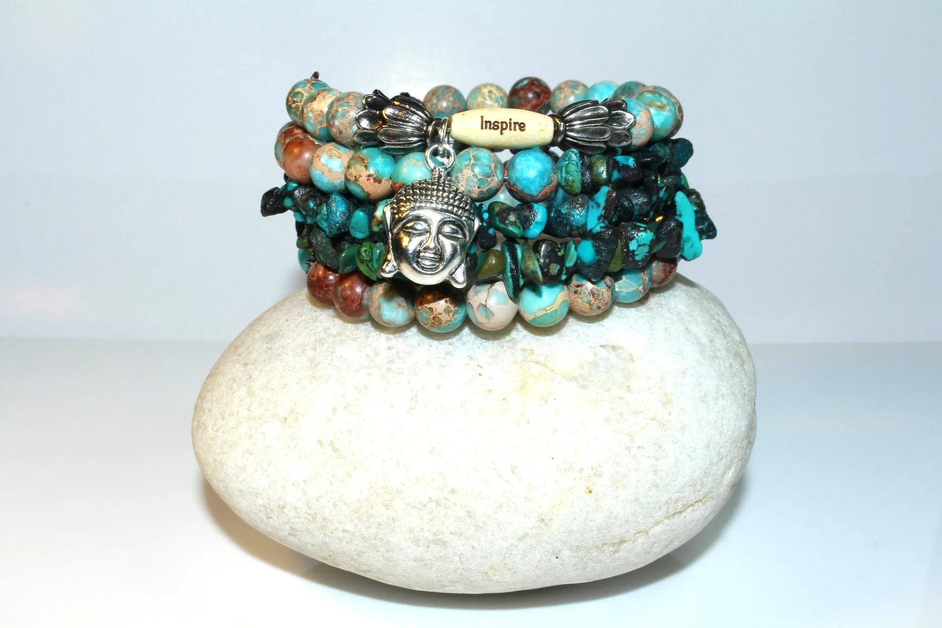 Blue Turquoise Magnesite, Imperial Jasper And Turquoise Gemstone, Buddha Charm Cuff Wrap Bracelet And Earrings Set