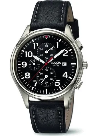 BOCCIA TITANIUM CHRONOGRAPH BLACK DIAL BLACK LEATHER BAND 3756-04