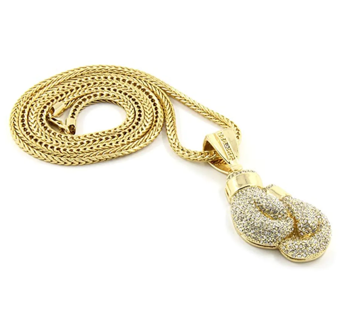 Boxing Gloves Necklace Boxing Gloves Chain Boxing Jewelry Gold Color Metal Alloy Simulated Diamond 24in.