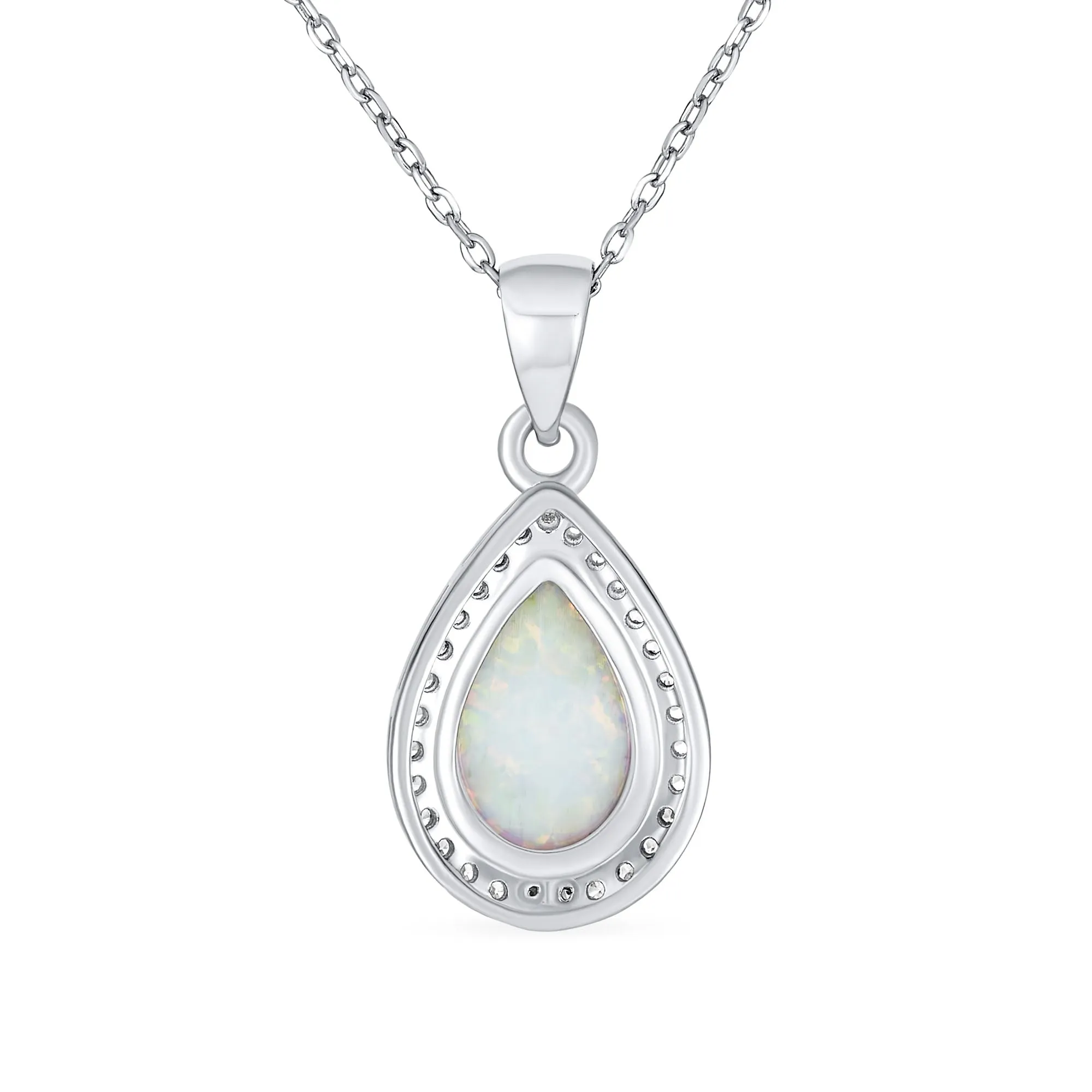 Bridal Necklace with CZ Accent and Opal Teardrop Pendant in Sterling Silver