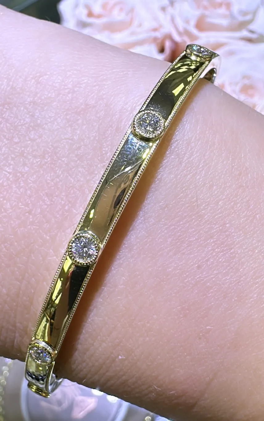 Burnish Set Milgrain Diamond Station Bangle Bracelet