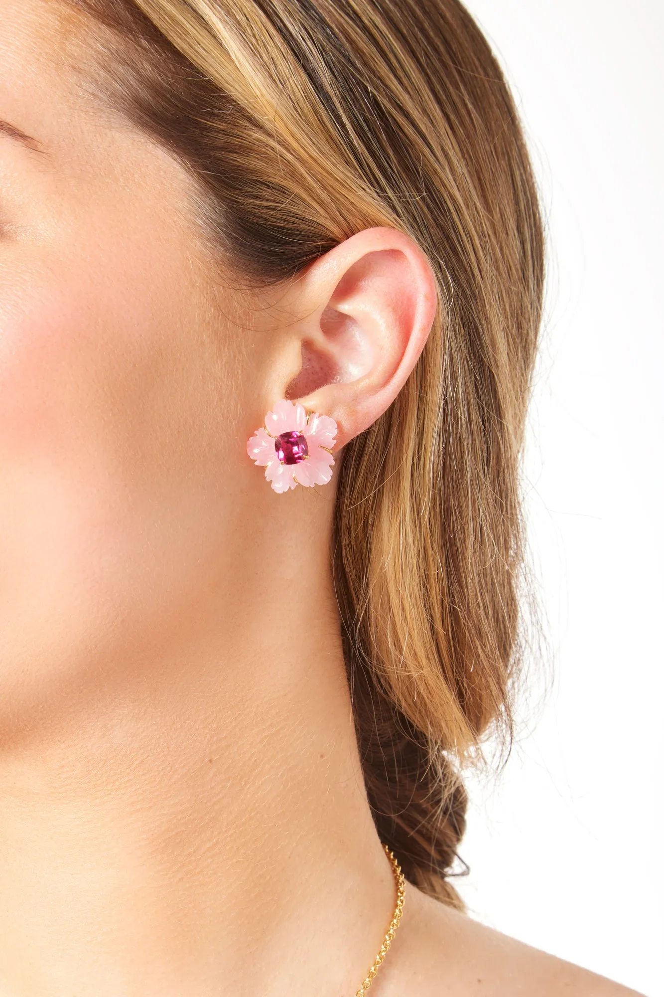 Carved Pink Quartzite Flower Earrings