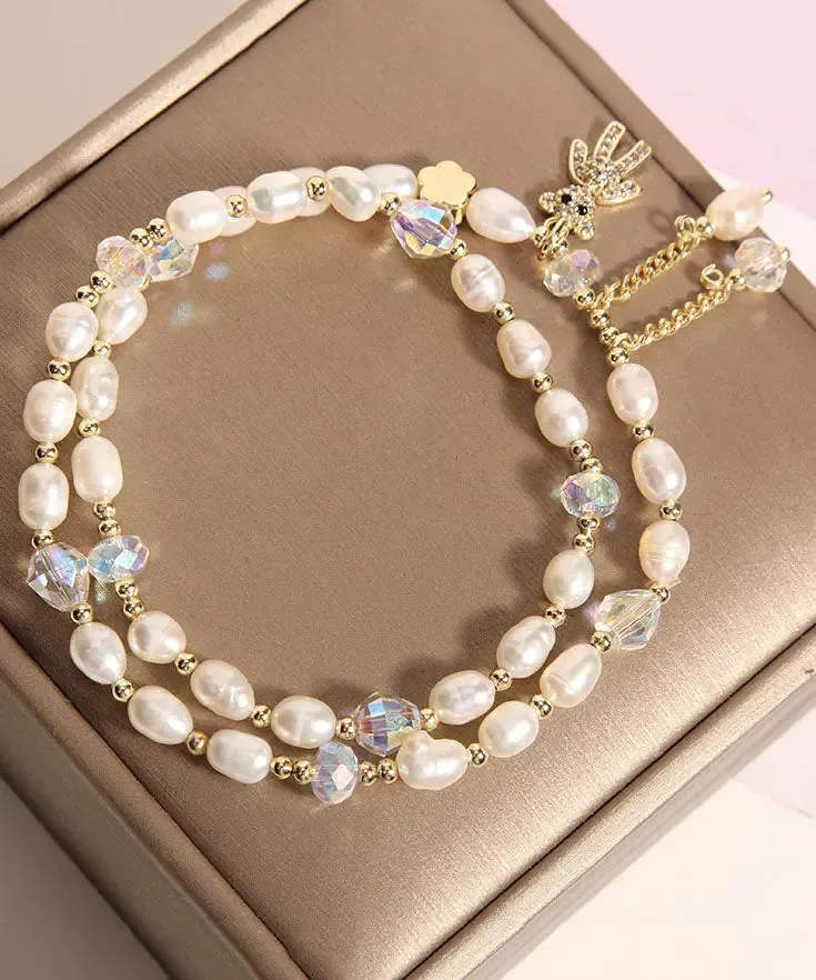 Casual Champagne Alloy Inlaid Pearl Gem Stone Little Bear Charm Bracelet ML0666