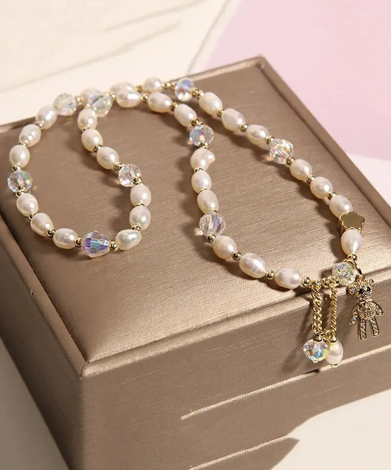 Casual Champagne Alloy Inlaid Pearl Gem Stone Little Bear Charm Bracelet ML0666