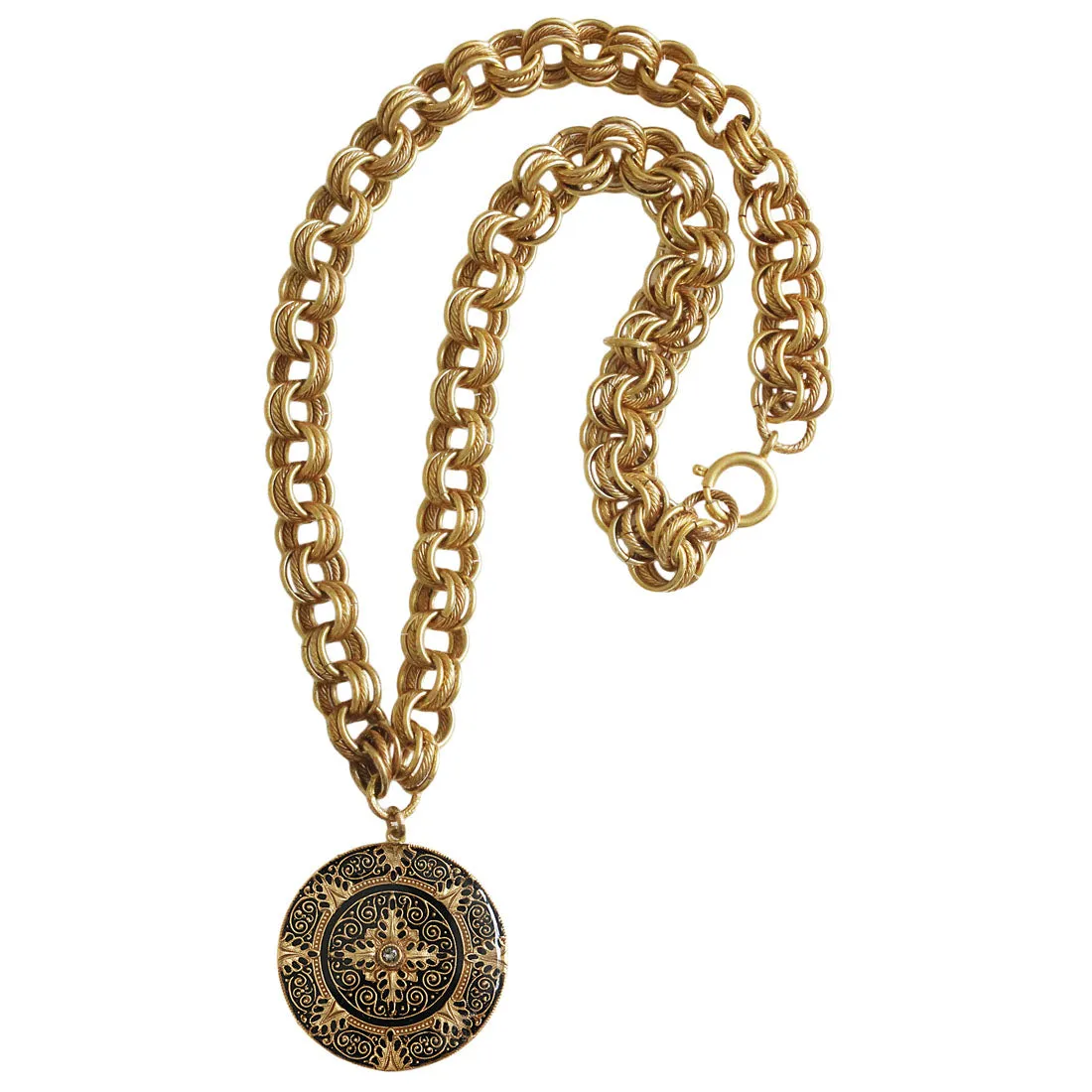 Catherine Popesco 14k Gold Plated Enamel Round Medallion Ornate Pendant Necklace, 1083G Black