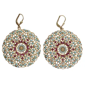 Catherine Popesco 14k Gold Plated Filigree Round Large Lace Medallion Earrings, 9702BG Fuchsia Turquoise Blue