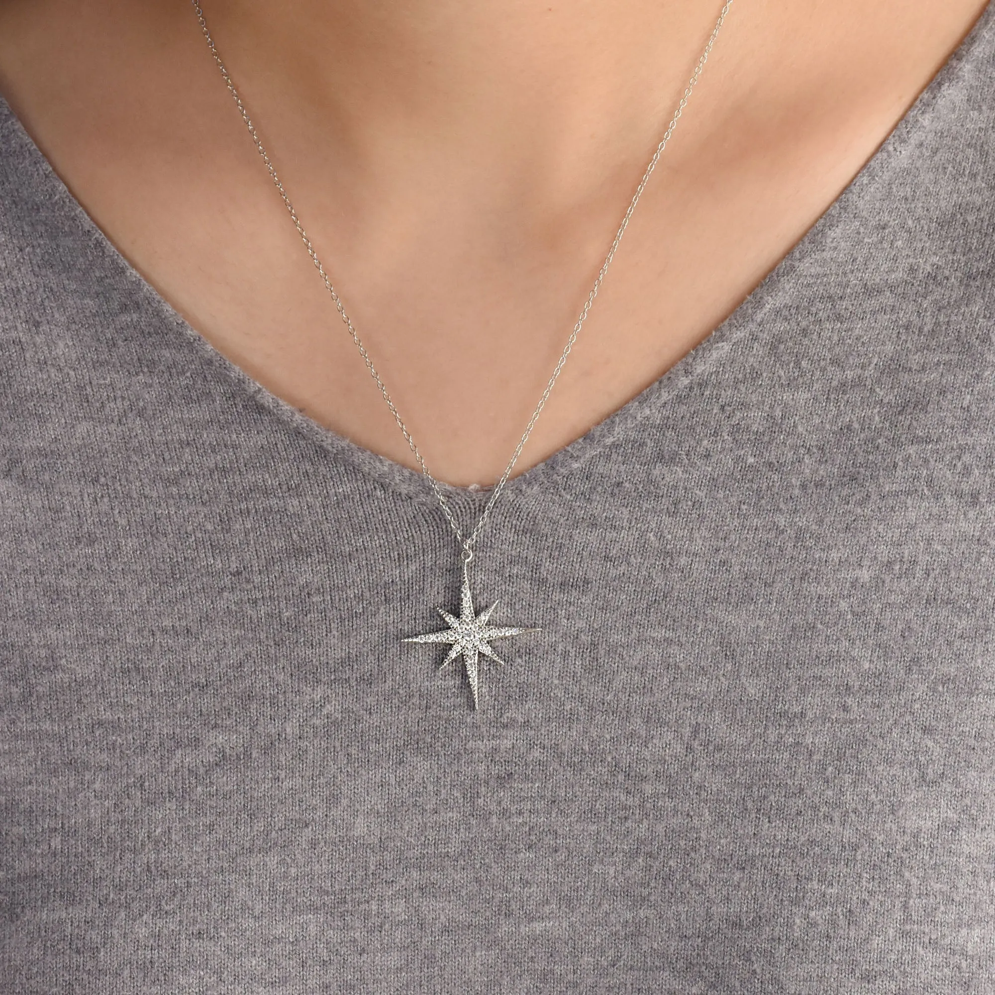 Celestial 8-Point North Star Burst Pendant Necklace with CZ in Sterling Silver