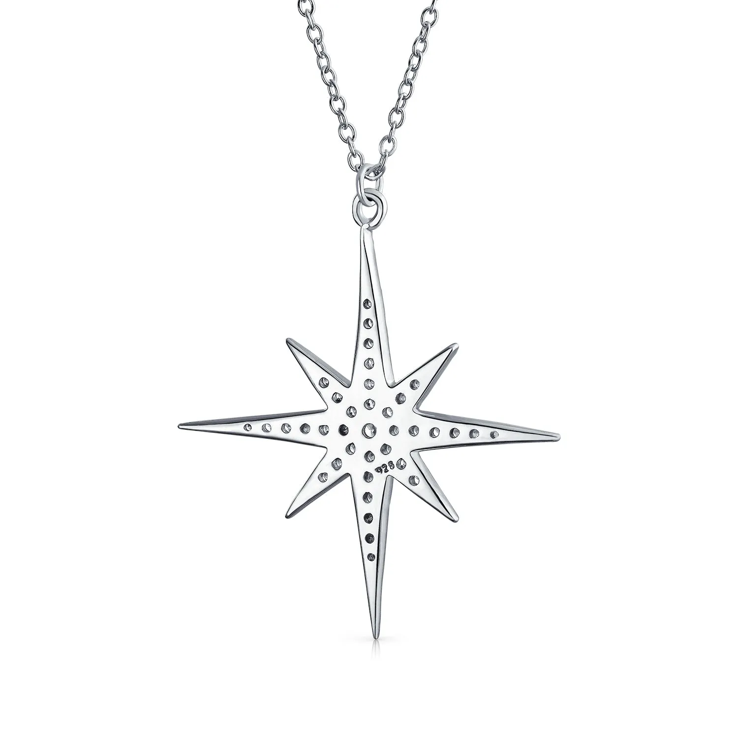 Celestial 8-Point North Star Burst Pendant Necklace with CZ in Sterling Silver