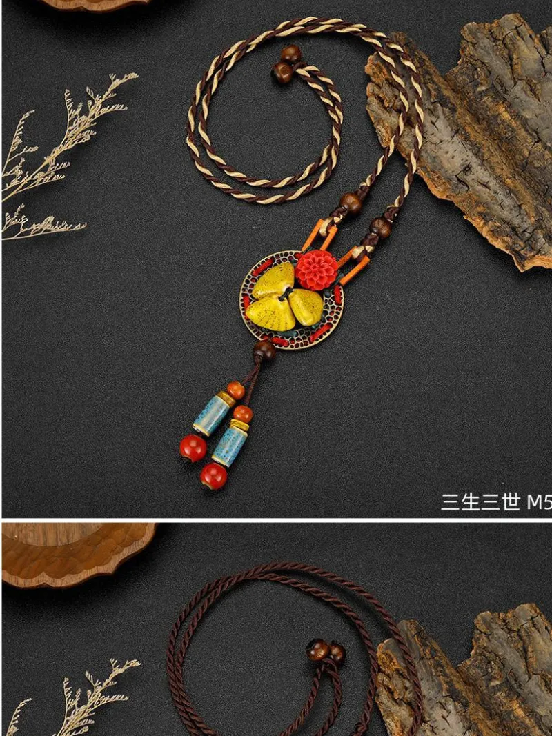 Chinese Aesthetic Ethnic Style Chain Women's Retro Hand-woven Chinese Style Ceramic Necklace Pendant