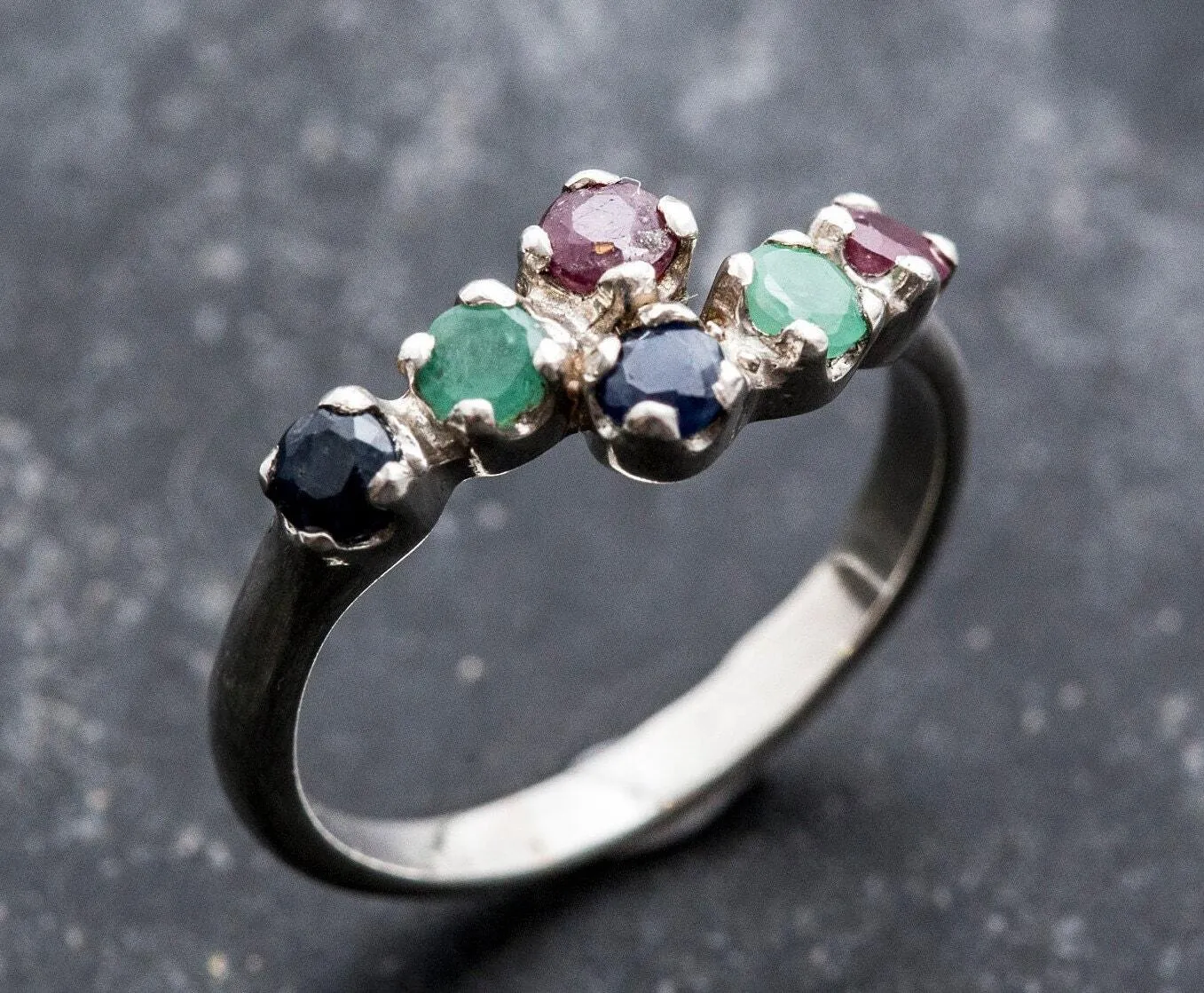 Colorful Multistone Ring - Natural Emerald Sapphire Ruby - Half Eternity Band