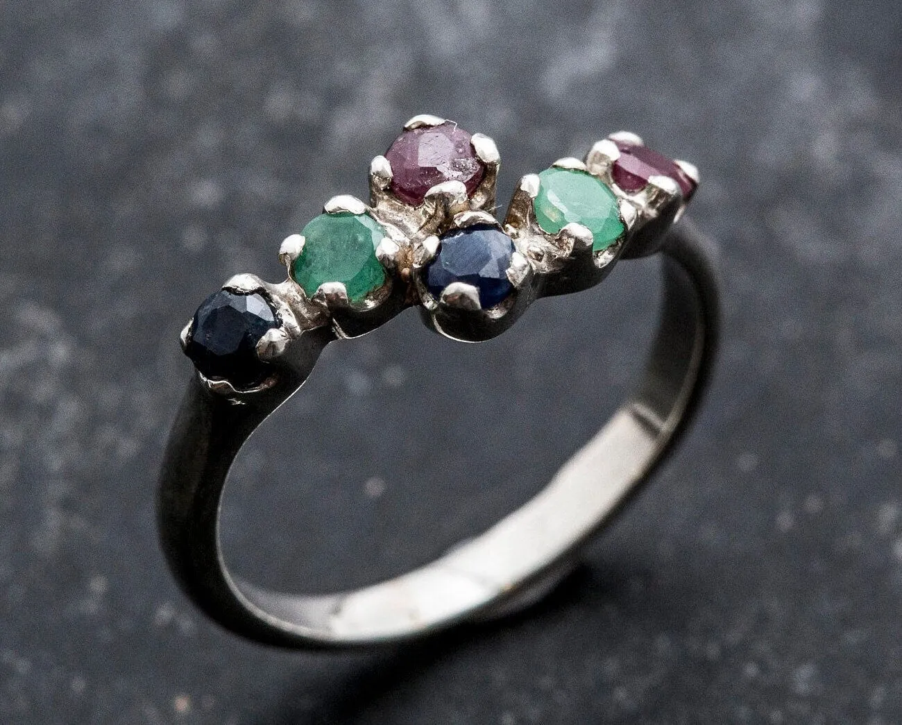 Colorful Multistone Ring - Natural Emerald Sapphire Ruby - Half Eternity Band