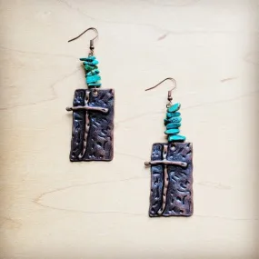 Copper Cross Earrings w/ Natural Turquoise Chunks