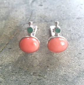 Coral Silver Earrings - Two Stone Earrings - Orange Statement Earrings