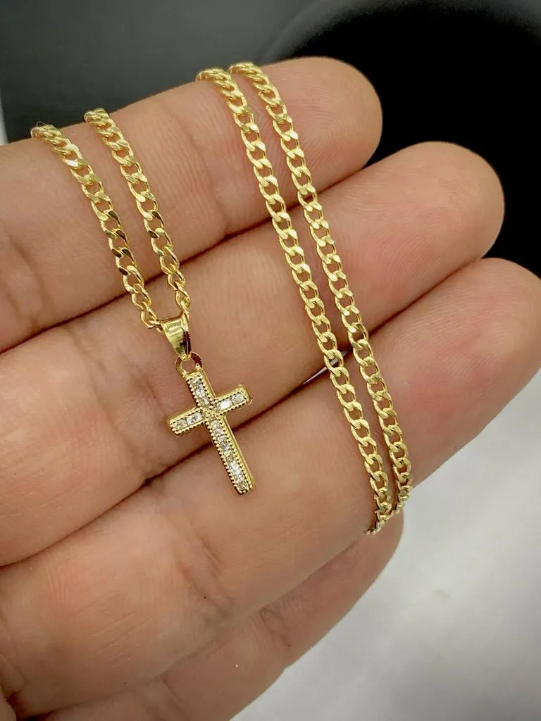 Cross Pendant Necklace CZ Small 14K Gold Filled Curb Chain Unisex Kids Adults 17x10mm