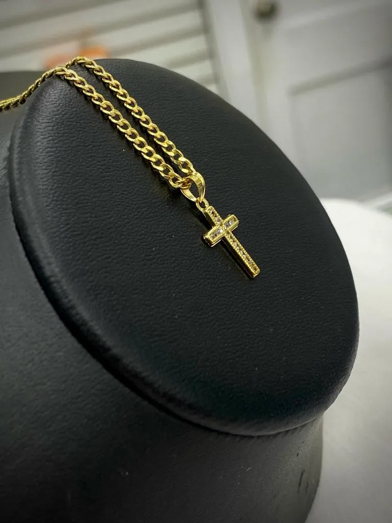 Cross Pendant Necklace CZ Small 14K Gold Filled Curb Chain Unisex Kids Adults 17x10mm