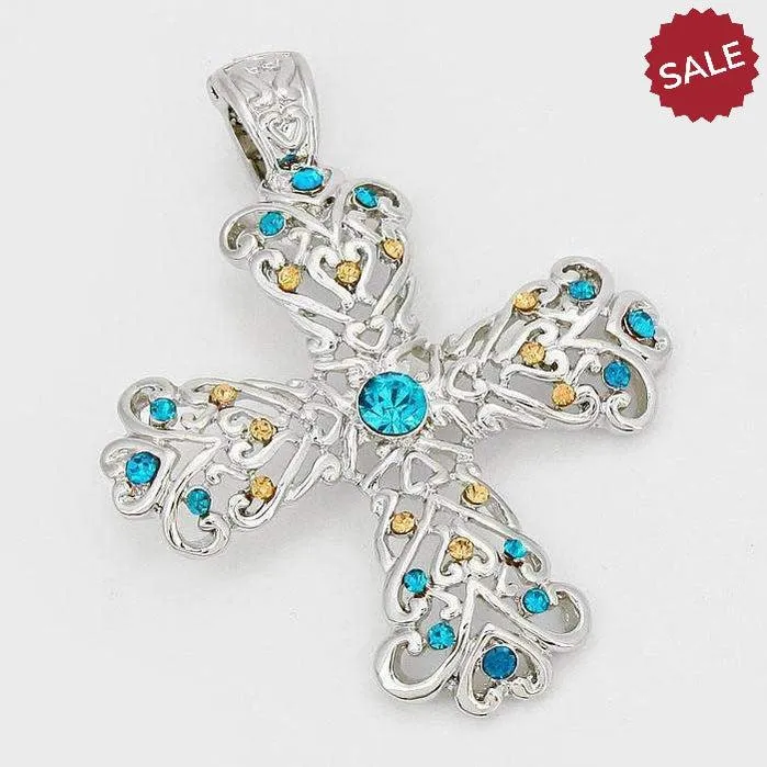 Cross Topaz & Blue Colored Crystal Accented Filigree Silver Pendant Necklace