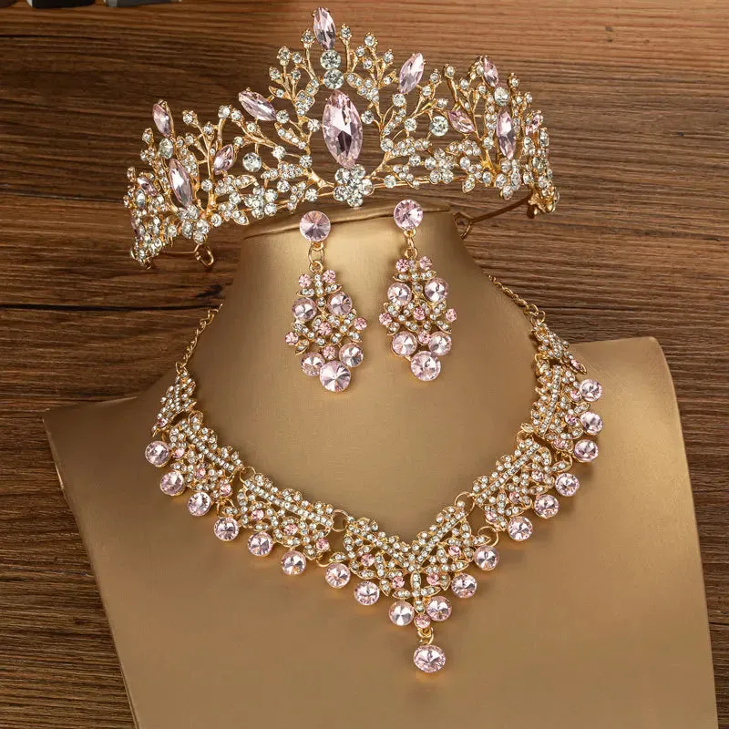 Crystal Bridal Jewelry Sets For Women Tiara Earrings Choker Necklace Accessory Set