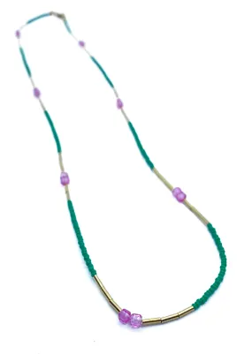 Debbie Fisher | Green seed, Gold fill and Pink Topaz Beads Necklace