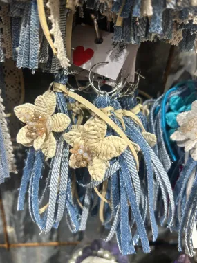 Denim Fringe Flower Hoop Earrings - Ivory