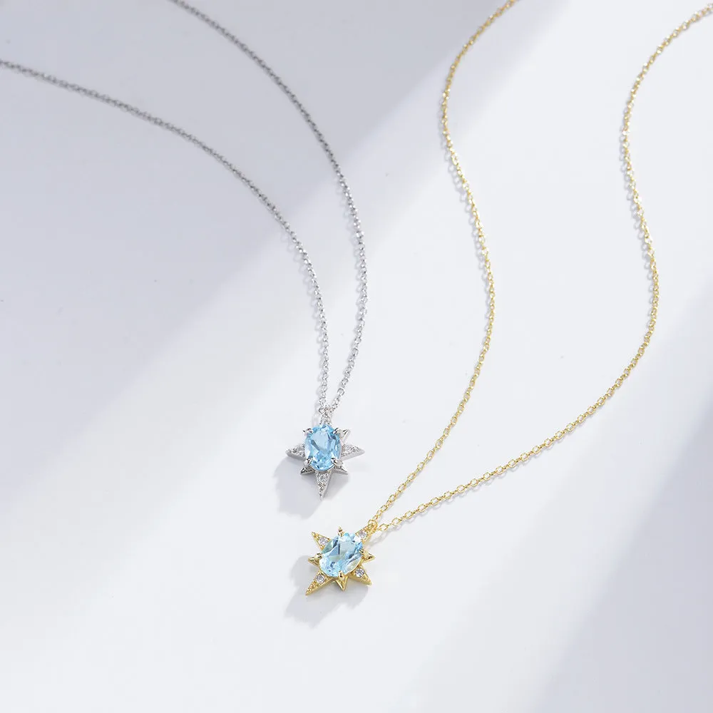 Eight-pointed star with Oval Sky Blue Topaz Pendant Sterling Silver for Women