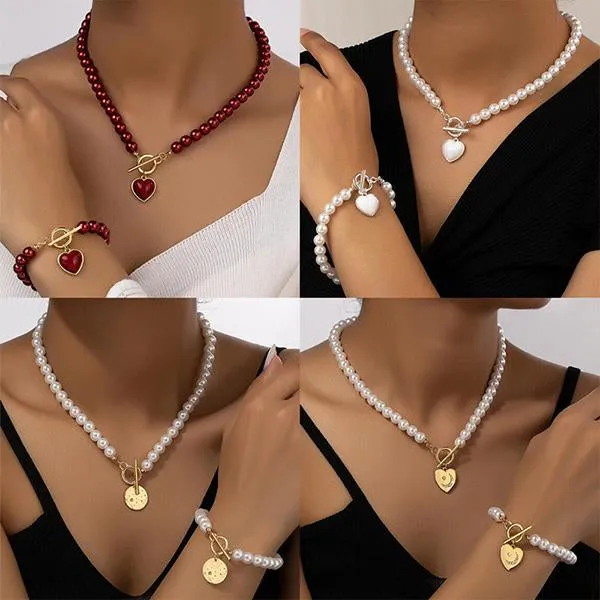 Elegant Imitation Pearl Heart Bracelet Necklace Set 11998780S