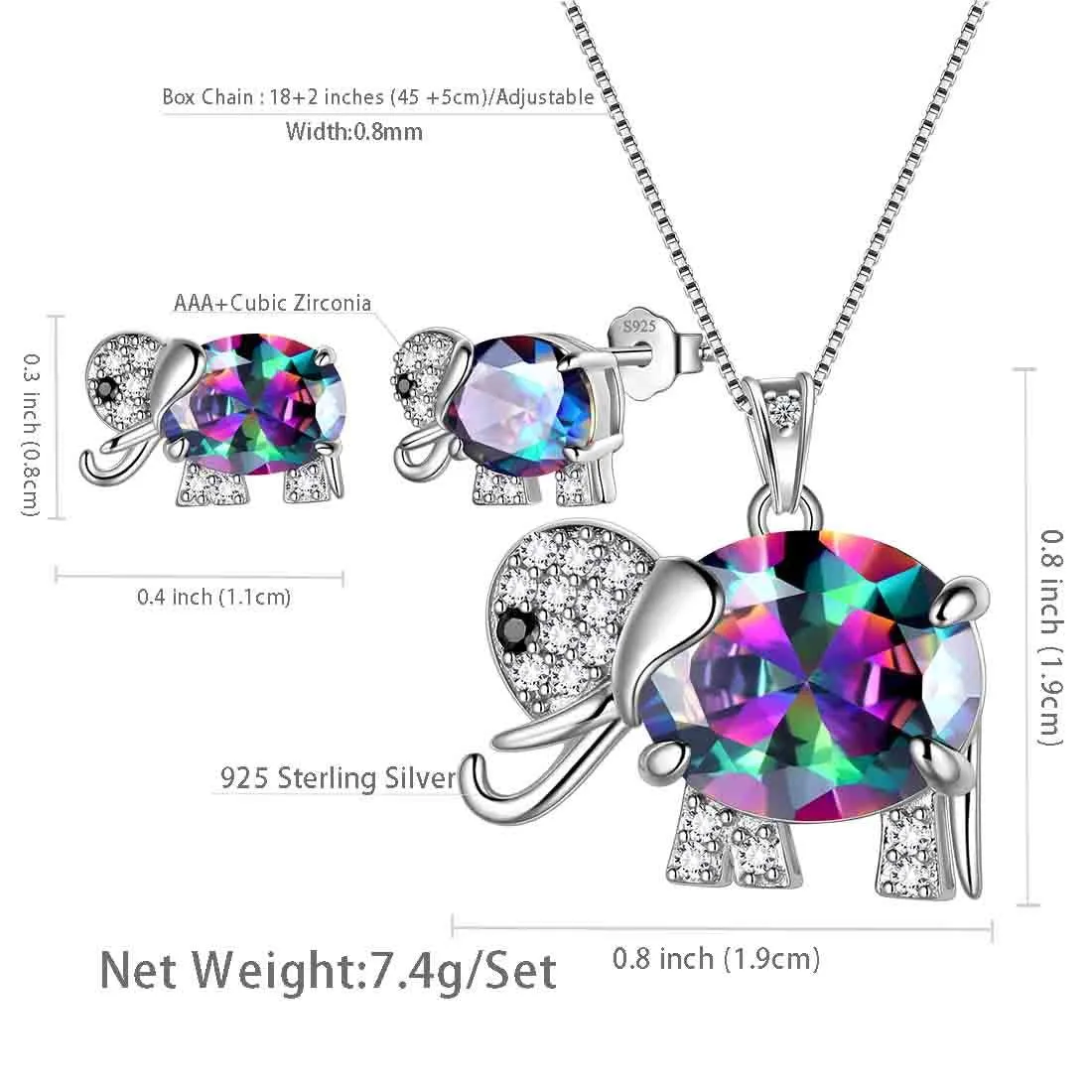 Elephant Rainbow Mystic Topaz Jewelry Set 3PCS Women Girls Birthday Gift