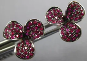 ESTATE 1.06CT AAA RUBY 18KT WHITE GOLD 3D 3 LEAF CLOVER FLOWER STUD EARRINGS