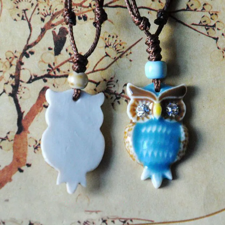 Ethnic style sweater chain, long adjustable ceramic necklace, female owl pendant, accessories, autumn and winter