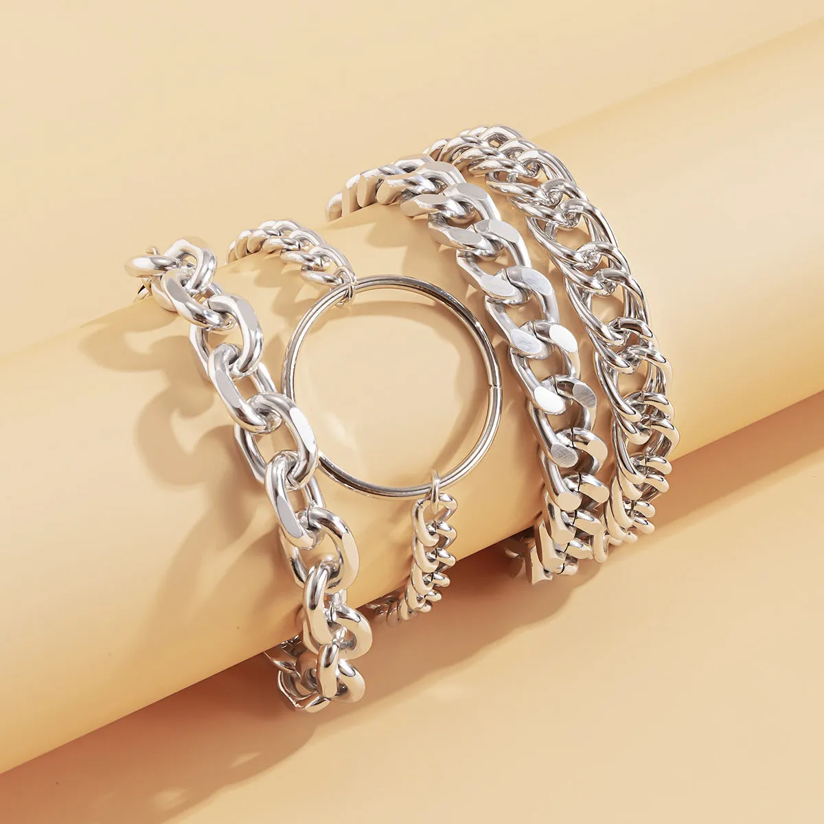 Exaggerated Ring Thick Chain Set Bracelet Women Simple Geometric Hollow Metal Bracelet