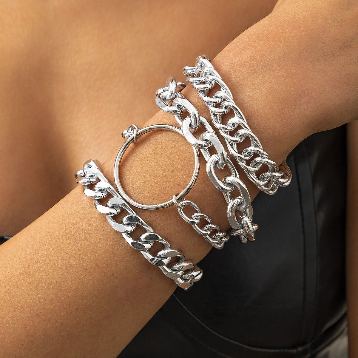 Exaggerated Ring Thick Chain Set Bracelet Women Simple Geometric Hollow Metal Bracelet