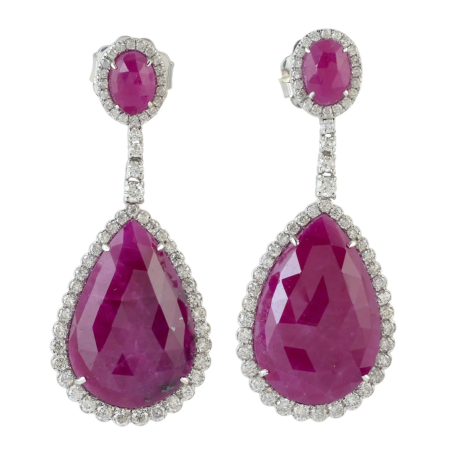 Faceted Ruby Pave Rose Cut Diamond Beautiful Dangler In 18k White Gold Anniversary Gift