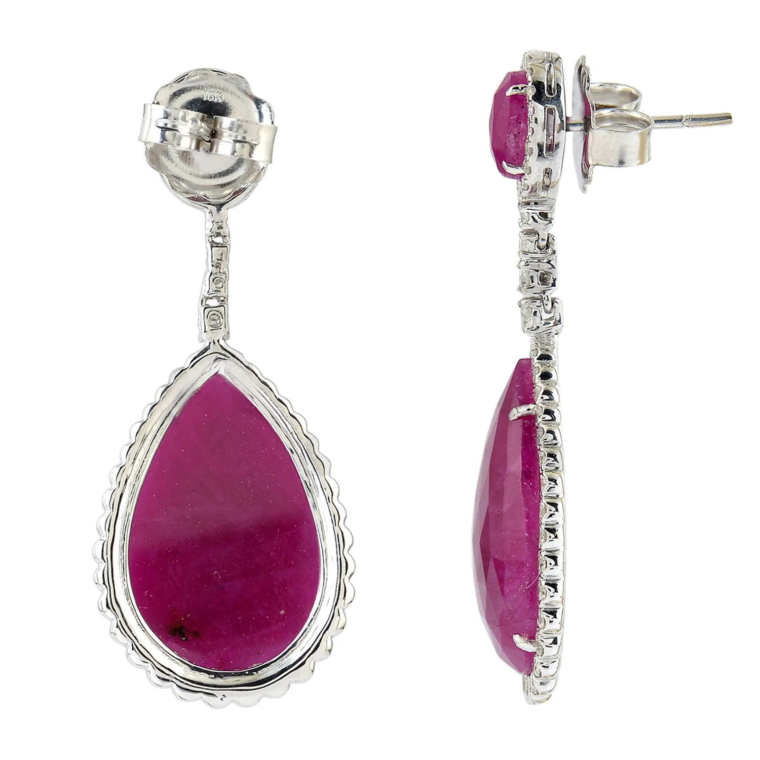 Faceted Ruby Pave Rose Cut Diamond Beautiful Dangler In 18k White Gold Anniversary Gift