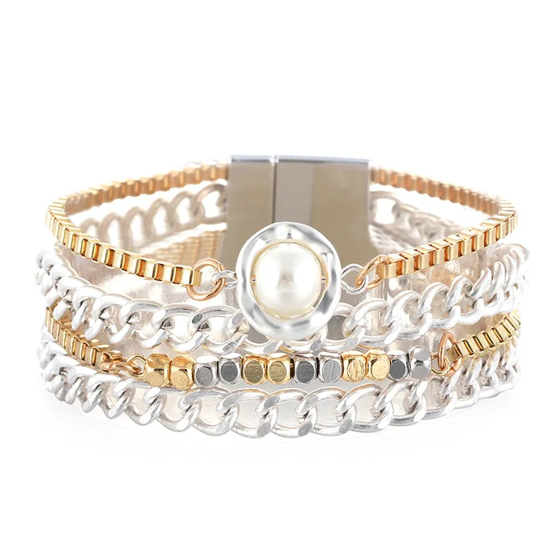 Fashion Temperament Inlaid Pearl Multi-layer Thin Chain Jewelry Magnetic Buckle Bracelet Women's