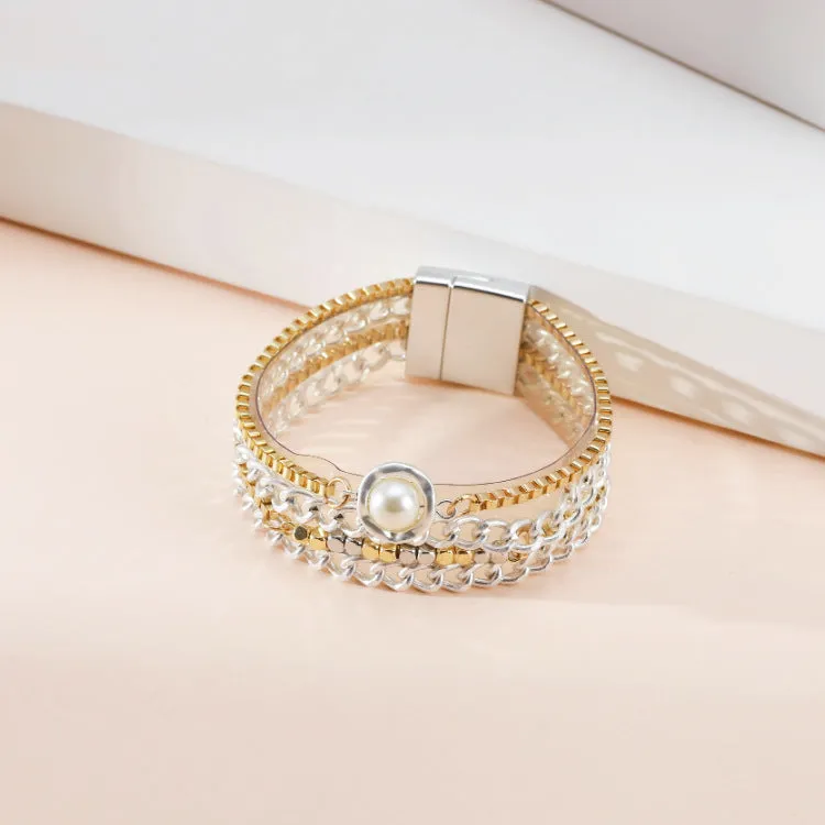 Fashion Temperament Inlaid Pearl Multi-layer Thin Chain Jewelry Magnetic Buckle Bracelet Women's