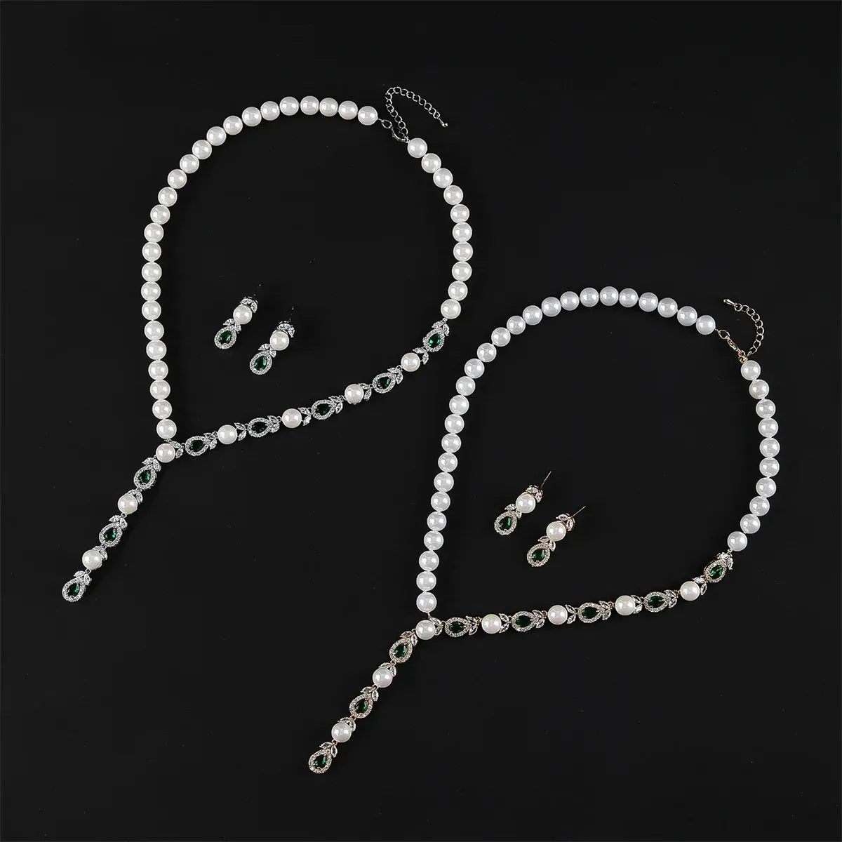 Fashion Women Green Crystal Pearl String Bridal Jewelry Sets Earrings Necklace Wedding Jewelry Accessories Set CN11024